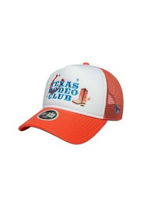 Lkw-Mütze mit einer weißen Vorderseite, orangefarbenen Netzseiten und einem gebogenen Schirm. Mit "Texas Rodeo Club" und einer Grafik eines Cowboys Stiefels.