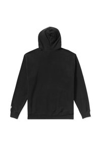 Hoodie noir avec capuche à cordon, manches longues, poignets et ourlet côtelés. Texture lisse avec un branding minimal sur la manche.