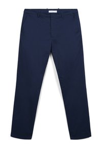 Pantalon slim-fit bleu marine avec poches avant, passants de ceinture et une braguette zippée dissimulée, posé à plat sur un fond blanc.