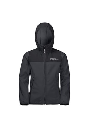 Svart softshell-jacka med huva, med dragkedja fram, två sidofickor och kontrasterande axelpaneler. Logotypen visas på bröstet.