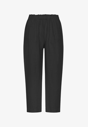 Zwarte, lichtgewicht broek met een elastische, geplooide tailleband. Losse pasvorm, enkellengte; gestructureerde stof zorgt voor subtiele visuele interesse.