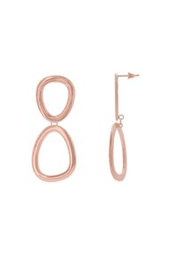 Orecchini in oro rosa con un design a doppio anello caratterizzato da ovali di diverse forme e superfici lisce e riflettenti. Chiusura a gancio inclusa.