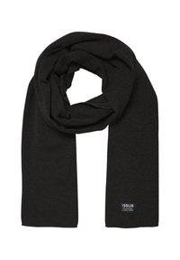 Zwarte gebreide sjaal met een zachte textuur, met een lusontwerp en een klein merketiket aan het ene uiteinde. Duurzaam en veelzijdig accessoire.
