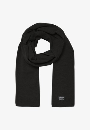 Svart stickad scarf med en mjuk textur, med en loopad design och en liten varumärkesetikett i ena änden. Hållbar och mångsidig accessoar.