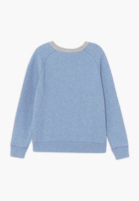 Fleece-tröja i ljusblått, med en grå ribbad krage och mudd, i avslappnad passform och mjuk textur. Bakvy visas.