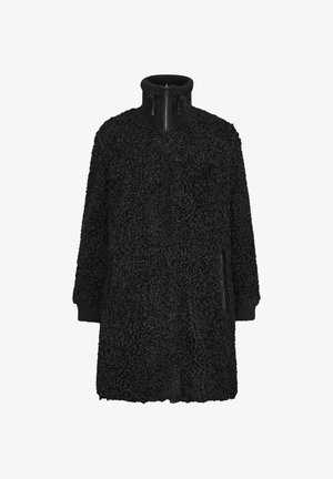 Schwarzer Fleece-Mantel mit hohem Kragen, Reißverschluss, Strickbündchen und strukturiertem, fellähnlichem Material. Mit seitlichen Reißverschlusstaschen.