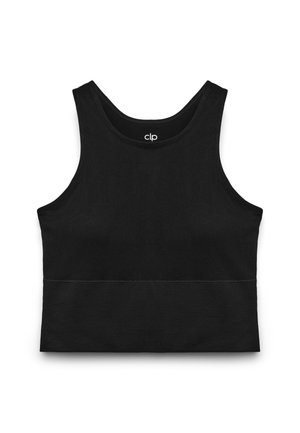Schwarzes Tanktop aus glattem, dehnbarem Stoff. Verfügt über einen runden Ausschnitt und breite Träger. Einfaches, minimalistisches Design ohne Verzierungen.
