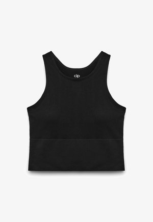 Schwarzes Tanktop aus glattem, dehnbarem Stoff. Verfügt über einen runden Ausschnitt und breite Träger. Einfaches, minimalistisches Design ohne Verzierungen.