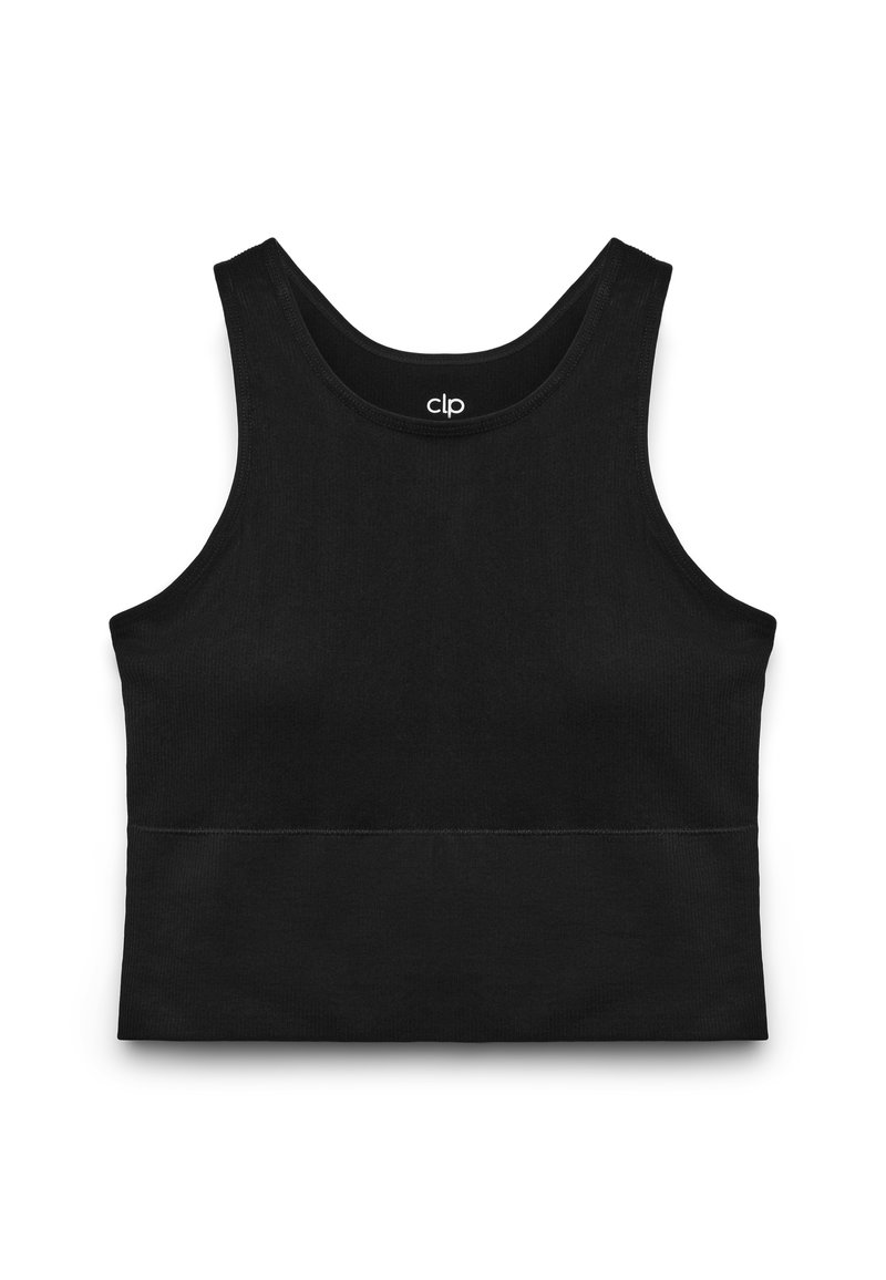 Schwarzes Tanktop aus glattem, dehnbarem Stoff. Verfügt über einen runden Ausschnitt und breite Träger. Einfaches, minimalistisches Design ohne Verzierungen.