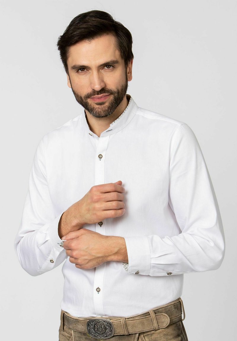 Stockerpoint Camicia Uomo Salto, Bianco-Grigio, Colletto Alto Con Dettagli In Similpelle - Eleganza Moderna
