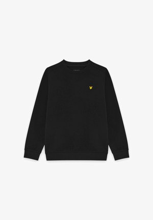 Sweat-shirt noir à manches longues avec col rond, avec un petit logo d'oiseau jaune brodé sur le côté gauche de la poitrine.