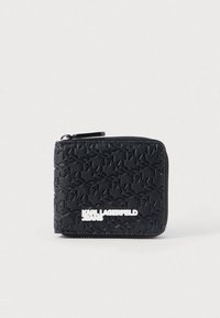 Black zippered wallet made of textured synthetic material, featuring a raised pattern and a white logo text "KARL LAGERFELD JEANS" on the front.
