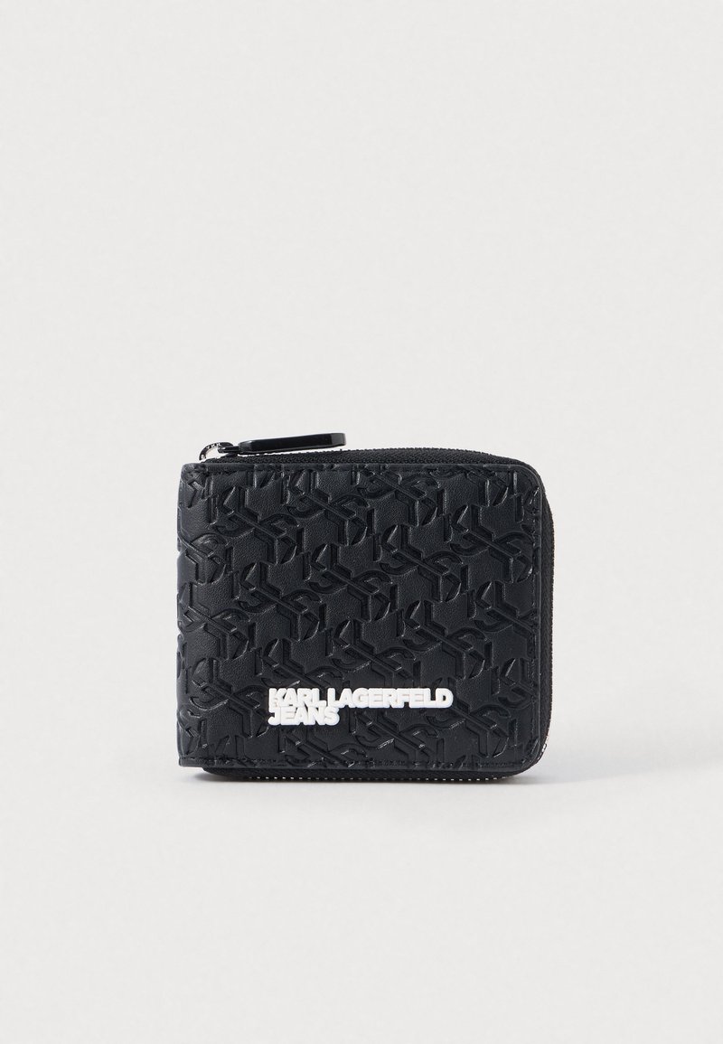 Black zippered wallet made of textured synthetic material, featuring a raised pattern and a white logo text "KARL LAGERFELD JEANS" on the front.