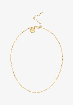 Collana in oro con maglie ovali e chiusura a moschettone. Lunghezza regolabile con un piccolo pendente rotondo vicino alla chiusura.