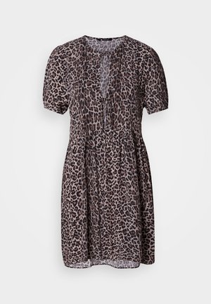 Leopard print dress with short sleeves, cinched waist, and keyhole detail at neckline. Made of lightweight, soft fabric.