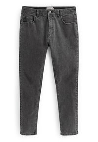 Černé denimové džíny s designem slim-fit, které mají přední kapsy, jednu zadní kapsu a zapínání na knoflík. Tkanina má hladkou strukturu.