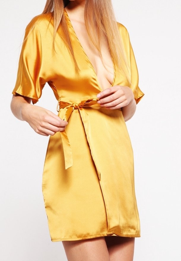 missguided yellow satin dress Missguided Satin Wrap Dress 4 S Small Mustard Yellow Bell Sleeve Kimono Mini
