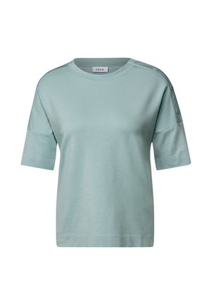 T-shirt en coton bleu clair à manches courtes, col rond et détails de boutons sur les épaules. Présente une coupe décontractée et une texture lisse.