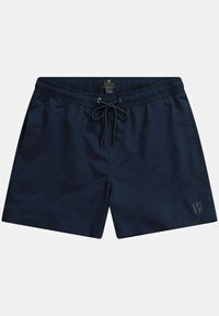 Námořnické modré plavky s elastickým pasem a šňůrkou na stáhnutí. Obsahují malé logo a dvě boční kapsy. Materiál se zdá být lehký.