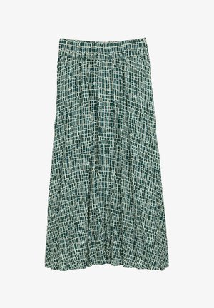 Jupe midi verte avec un motif en damier crème, dotée d'une taille froncée et d'un tissu léger et texturé.
