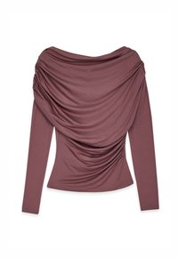 Top a maniche lunghe in mauve tenue, con tessuto drappeggiato e dettagli arricciati sulle spalle e sulla cucitura laterale, dalla consistenza morbida.