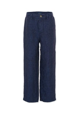 Pantalon en lin bleu marine avec bouton et taille élastique, jambes droites et passants pour ceinture, présenté à plat sur un fond blanc.