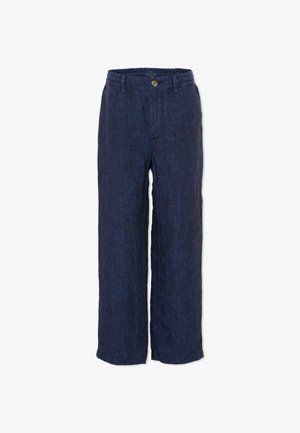 Pantaloni in lino blu navy con bottone e vita elastica, gambe dritte e passanti per cintura, mostrati stesi su uno sfondo bianco.