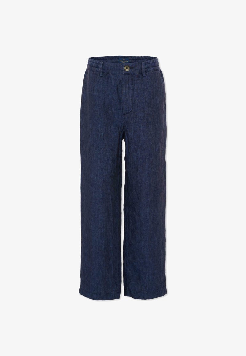Pantaloni in lino blu navy con bottone e vita elastica, gambe dritte e passanti per cintura, mostrati stesi su uno sfondo bianco.