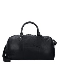 Borsa da viaggio in pelle nera con forma arrotondata, doppi manici, tracolla staccabile e un'etichetta per il bagaglio su un lato. Texture liscia.
