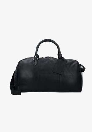 Borsa da viaggio in pelle nera con forma arrotondata, doppi manici, tracolla staccabile e un'etichetta per il bagaglio su un lato. Texture liscia.
