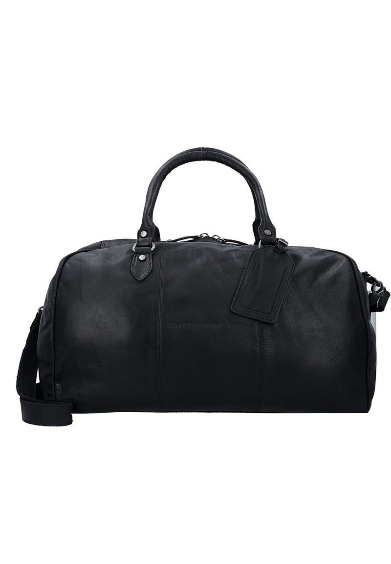 Borsa da viaggio in pelle nera con forma arrotondata, doppi manici, tracolla staccabile e un'etichetta per il bagaglio su un lato. Texture liscia.