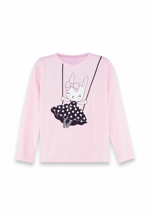 Camisa de manga larga rosa con una ilustración de un conejo vestido con un vestido de lunares, contornos negros y un lazo. Tejido suave con un cuello redondo.