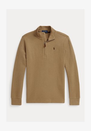 Brauner Zip-Pullover mit langen Ärmeln, gerippter Textur und kleinem Logo auf der linken Brust. Der Pullover hat einen hohen Kragen und einen Reißverschluss.