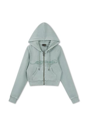 Lyseblågrøn hættetrøje med lynlås, forlommer, snore, ribstrikkede manchetter og diskret broderet skrift over brystet.