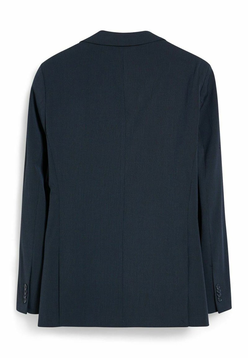 Navyblå skräddarsydd kavaj i slätt tyg, med en vent bak och knappar vid ärmslutet. Har en klassisk notch-krage och en strukturerad design.