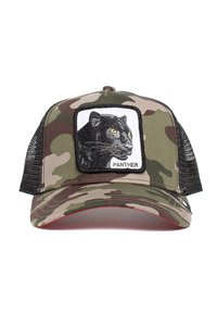 Cappello con motivo mimetico e parte frontale rigida, decorato con una toppa a forma di pantera. Parte posteriore in rete con visiera curvata e accentuazione rossa lungo il bordo.