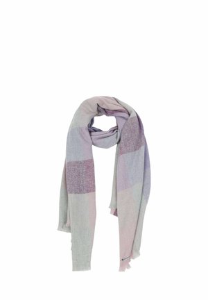 Lightweight scarf in soft fabric, featuring a checkered pattern in pastel shades of lavender, pink, and grey. Fringed edges at both ends.