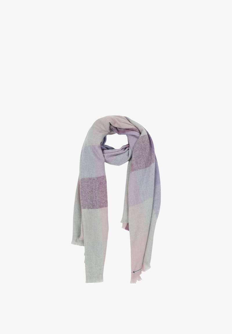 Leichtes Tuch aus weichem Stoff, mit einem karierten Muster in zarten Farbtönen von Lavendel, Rosa und Grau. Fransen an beiden Enden.