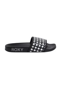 Svart og hvit sklitesandal med rutemønster på stroppen, som har en glatt gummisåle og "ROXY"-logo på siden.