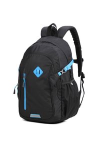 Zaino in tessuto nero con accenti blu. Include spallacci imbottiti, una tasca frontale con zip e una tasca laterale in rete per bottiglie d'acqua.