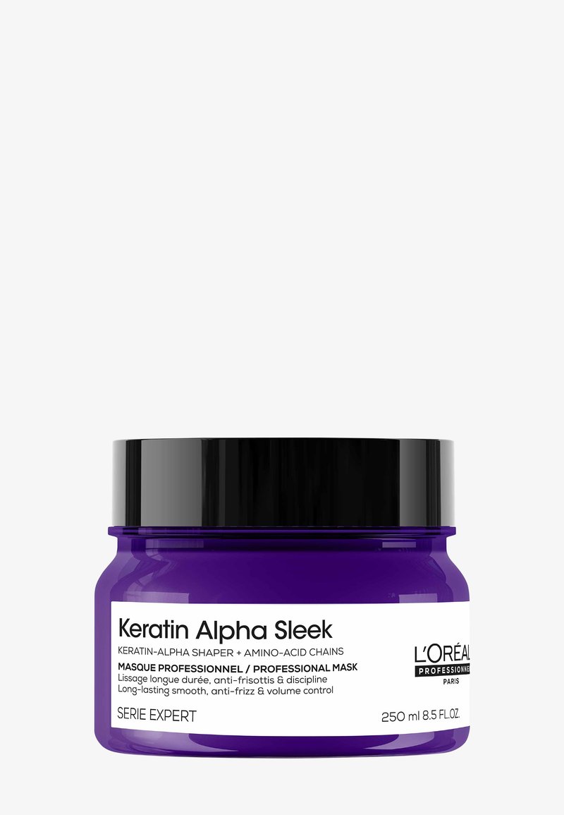 Pot violet de masque capillaire L’Oréal Professionnel Keratin Alpha Sleek avec couvercle noir, 250 ml, anti-frisottis, lissage et contrôle du volume.