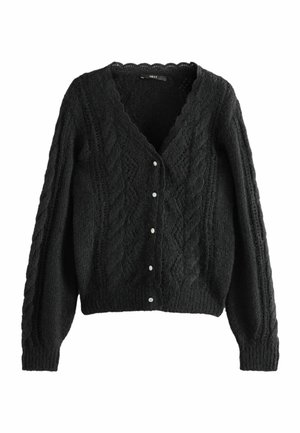 Cardigan noir en maille avec manches longues, motif torsadé, encolure en V festonnée et cinq petits boutons ronds sur le devant.