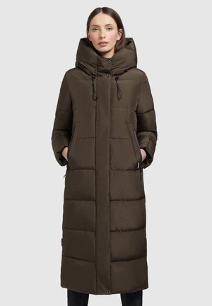 Long, brown puffer coat with a hood, featuring a quilted design, zippered pockets, and adjustable drawstrings at the neck.