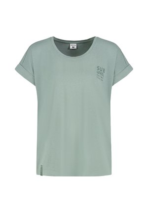 Mint green short-sleeve t-shirt with a round neckline, soft texture, and a printed logo on the left chest area.