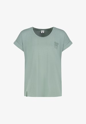 Mint green short-sleeve t-shirt with a round neckline, soft texture, and a printed logo on the left chest area.