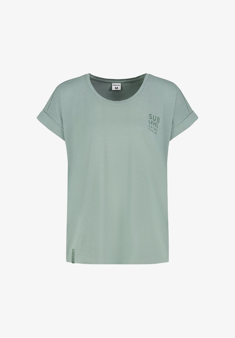 Mint green short-sleeve t-shirt with a round neckline, soft texture, and a printed logo on the left chest area.