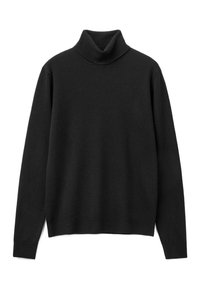 Pull à col roulé noir en tissu doux et texturé. Dispose de manches longues et d'un design ajusté. Silhouette simple et classique.
