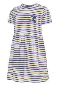 Gestreiftes Kleid in Helllila, Gelb und Marineblau. Kurze Ärmel, runder Ausschnitt mit Knopf-Details und geraffter Taille für einen ausgestellten Rock.