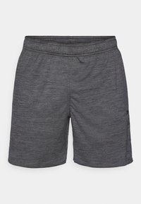 Calções atléticos cinzentos feitos de um tecido leve, com uma cintura ajustável por cordão, corte straight e detalhes de costura mínimos.