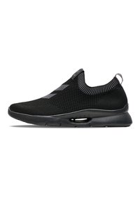 Chaussure de sport noire à enfiler avec tige en maille, semelle coussinée et petite poche d'air dans la semelle intermédiaire, vue de côté sur fond blanc.